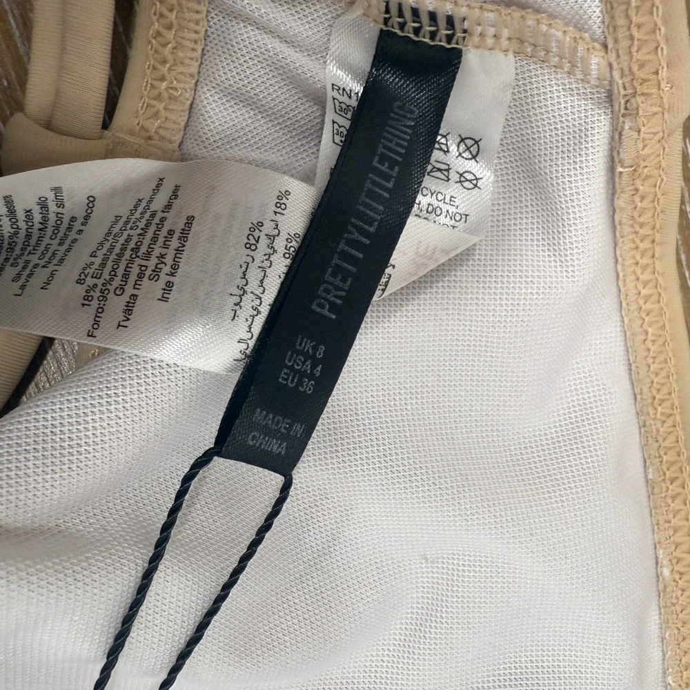 PrettyLittleThing Stone Halter Neck Shell Trim Beige Bikini Top‎ 4 Beach Neutral